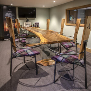 Annandale Distillery communications room table and chairs in elm with tweed