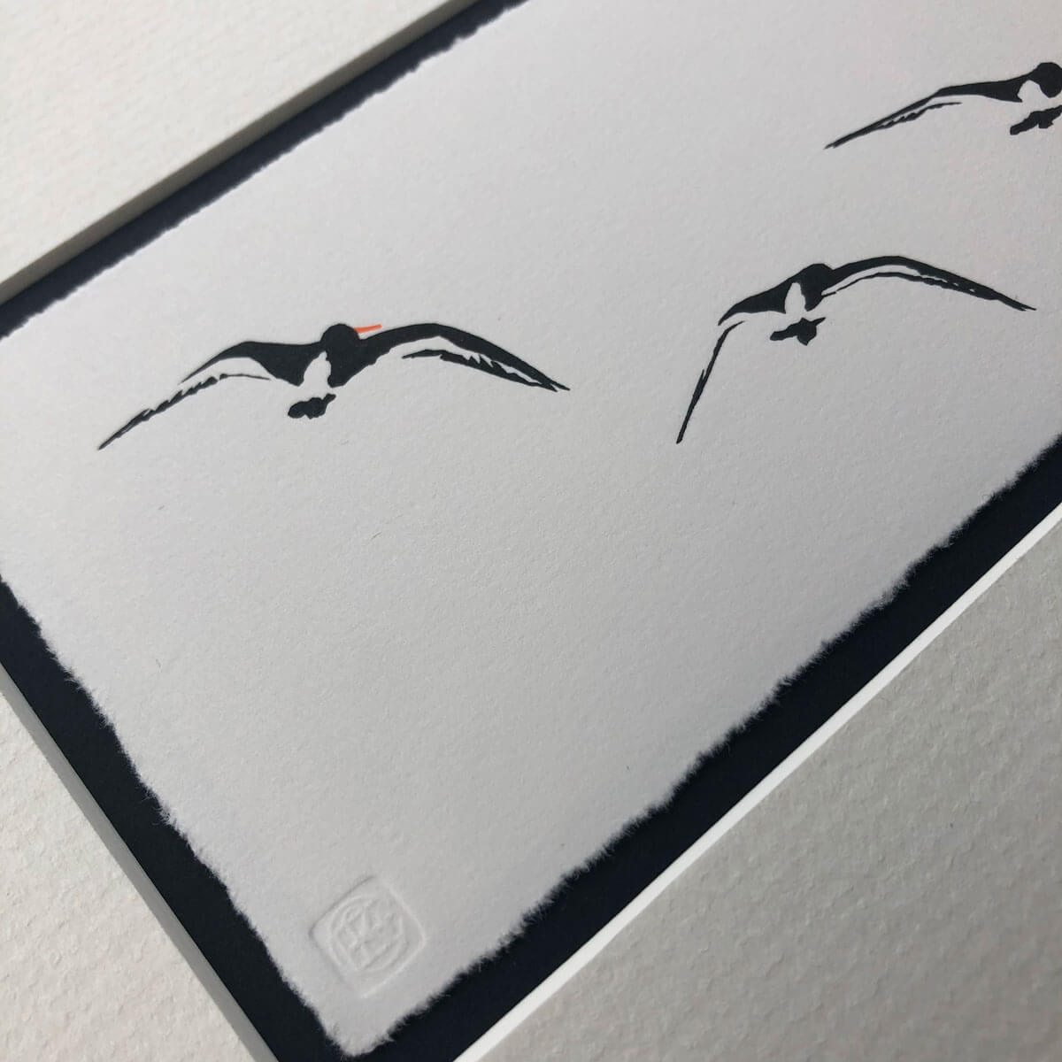 handmade linocut print of black and white oyster catcher birds in flight against unprinted plain white background