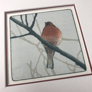 handmade woodblock print of chaffinch bird perched on branch