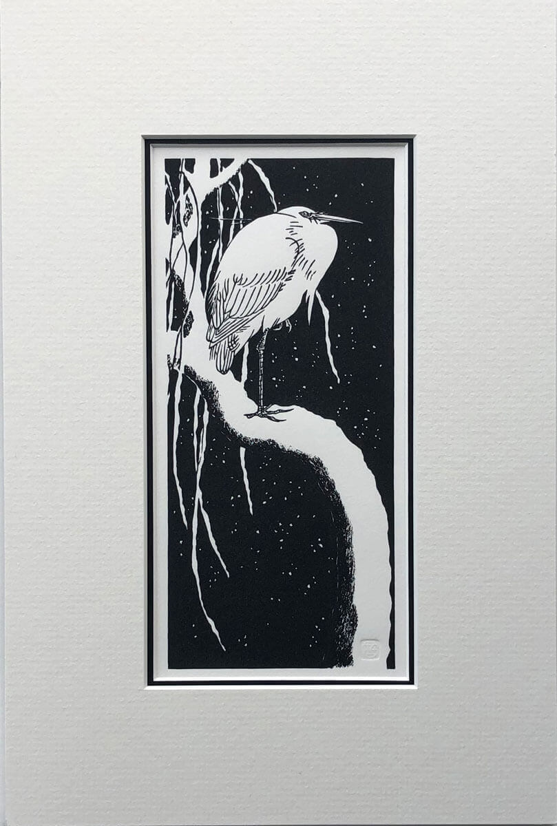 Egret, after Koson woodblock print mounted by Claire Cameron-Smith