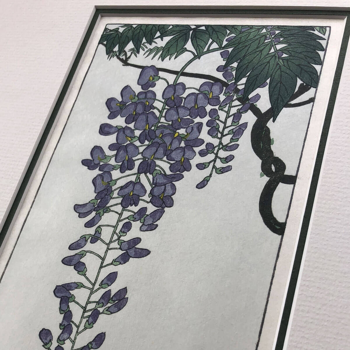 handmade print of flowering wisteria after Koson featuring purple wisteria flower hanging from branch against pale blue background
