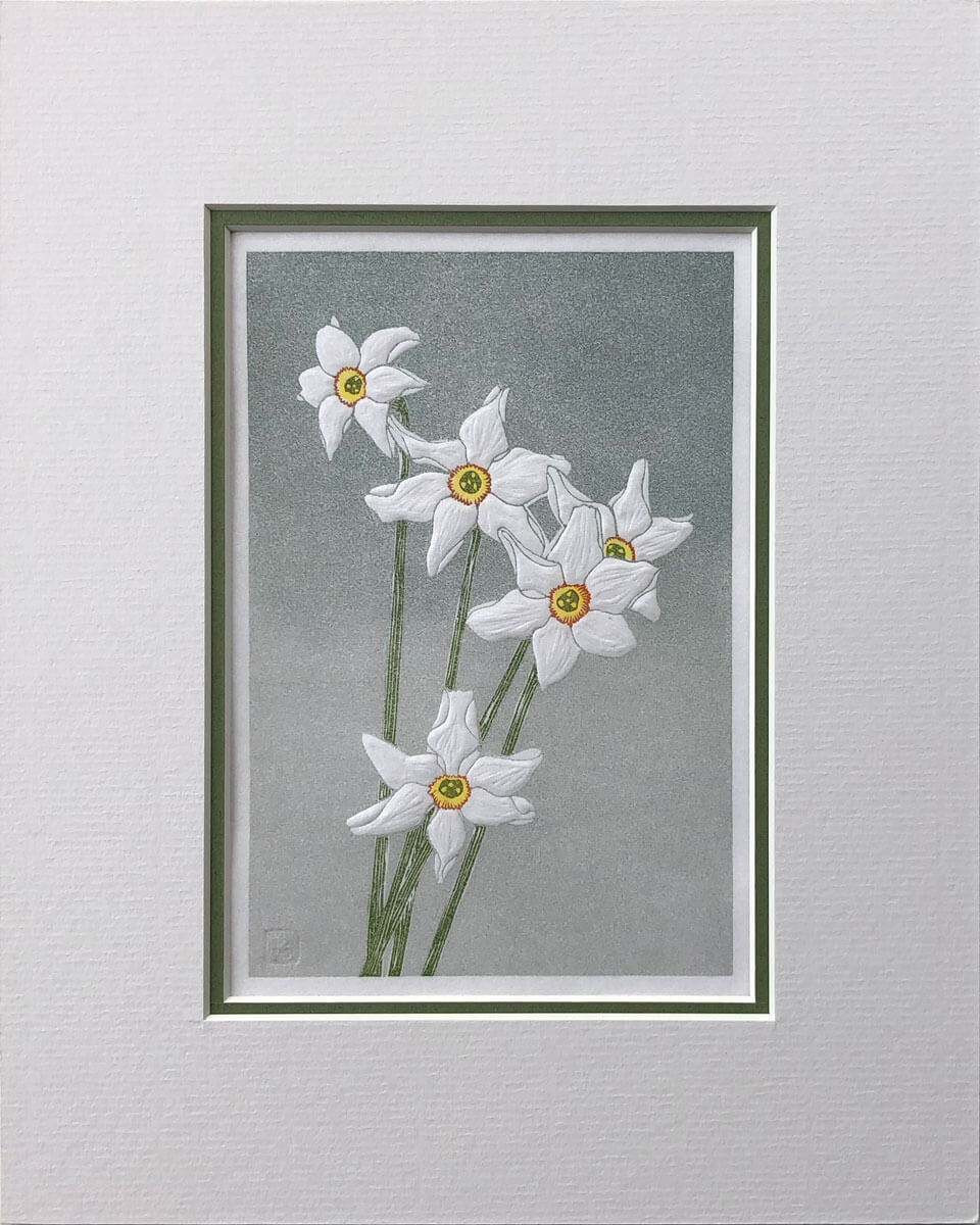 Narcissi linocut print mounted by Claire Cameron-Smith