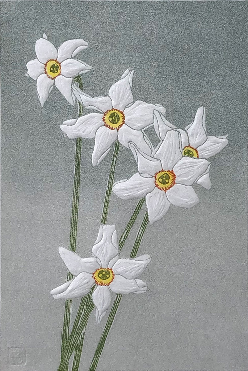 Narcissi linocut print by Claire Cameron-Smith