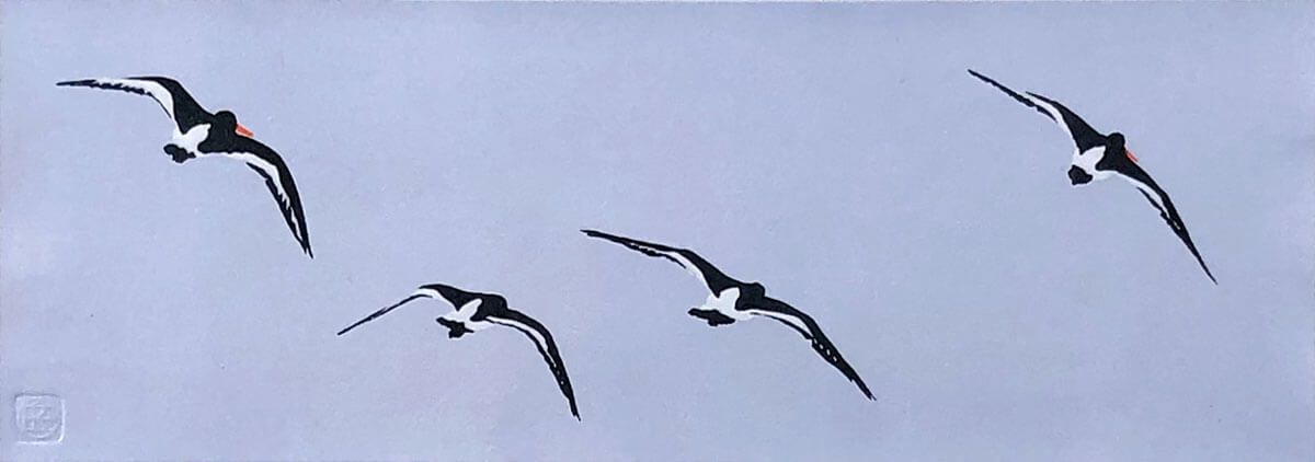 Oyster Catchers (pale blue) linocut print by Claire Cameron-Smith
