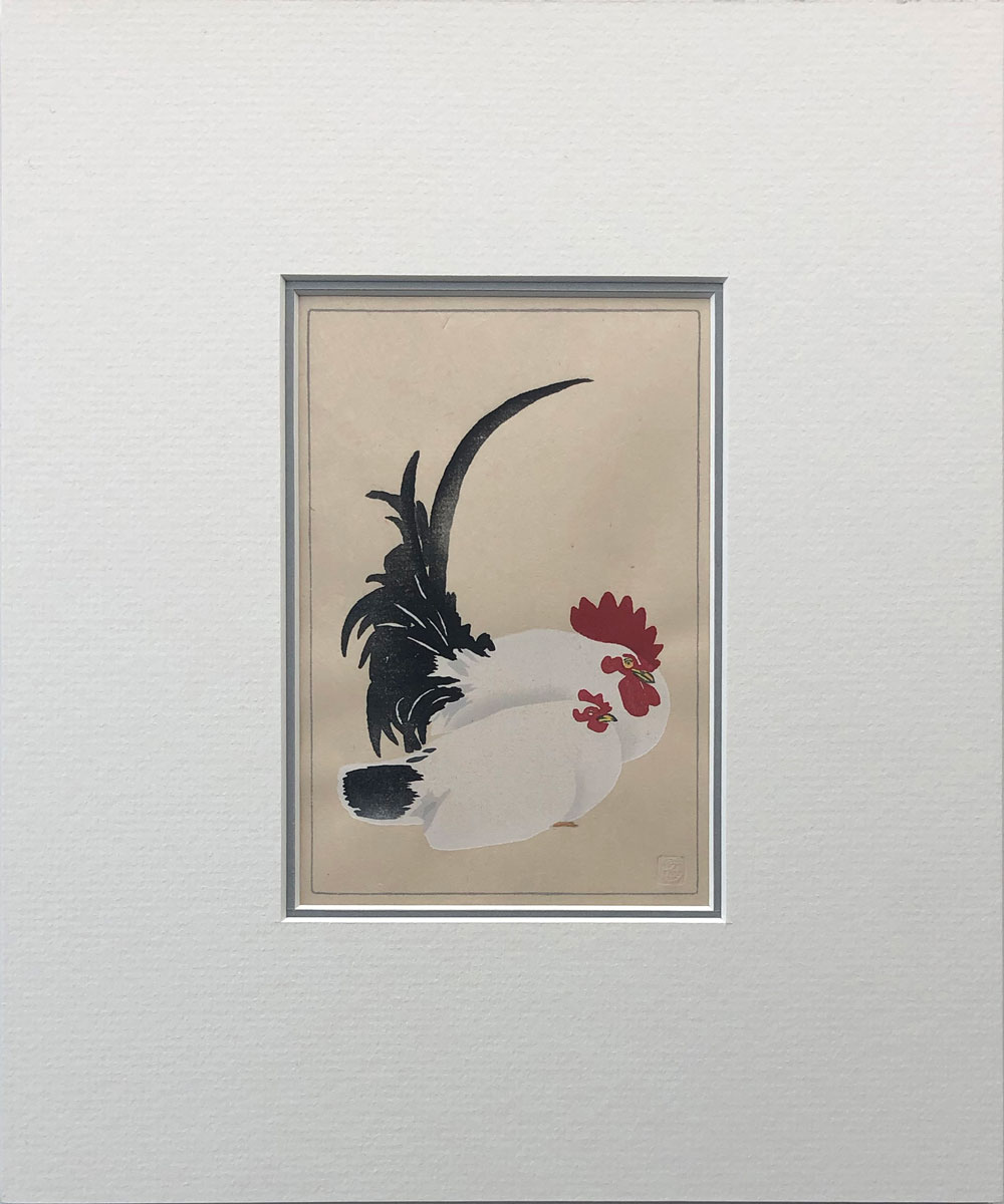Rooster and Hen, after Koson woodblock print mounted by Claire Cameron-Smith