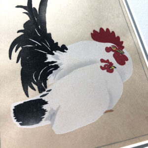 handmade print of a rooster and hen close together, both white with black tails