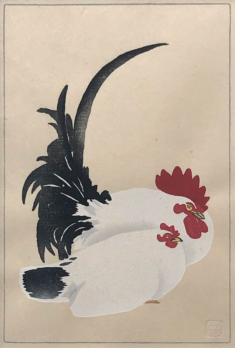 Rooster and Hen, after Koson print by Claire Cameron-Smith