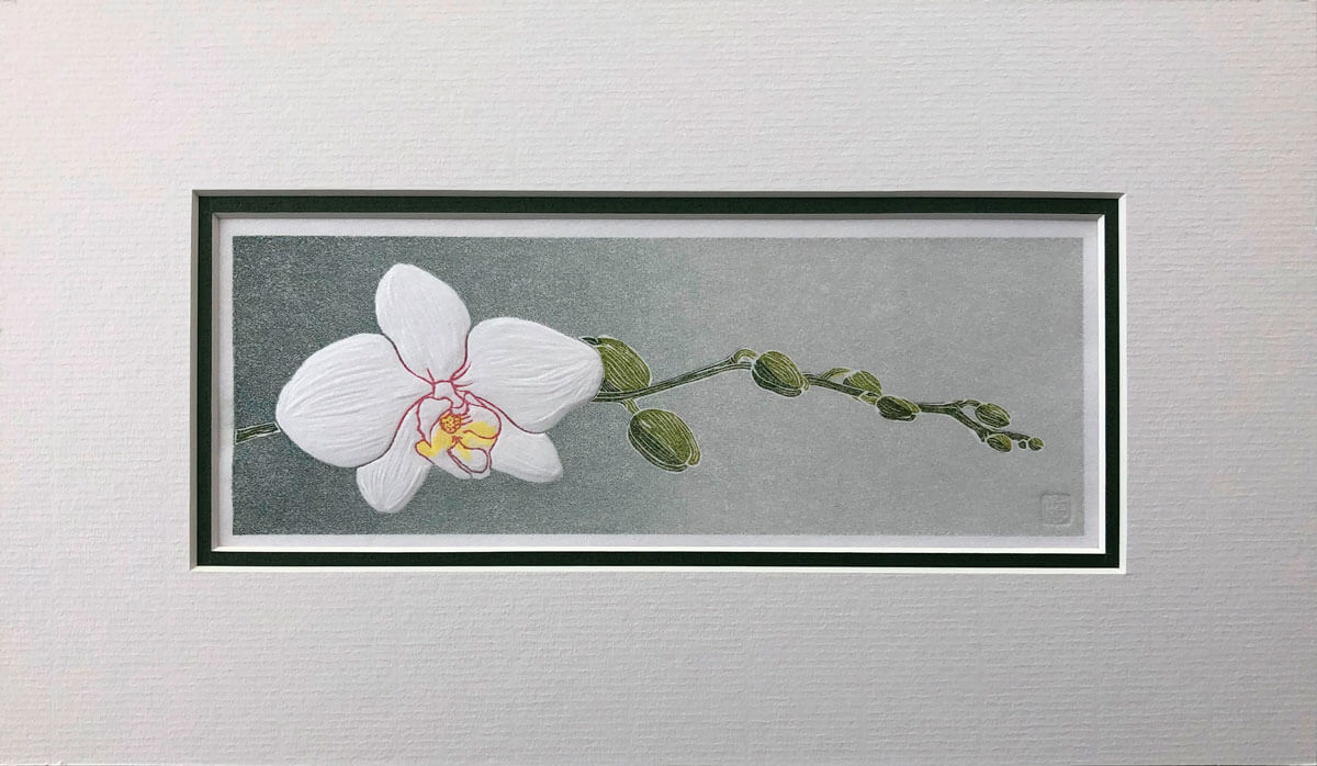 Single Orchid Bloom linocut print mounted by Claire Cameron-Smith