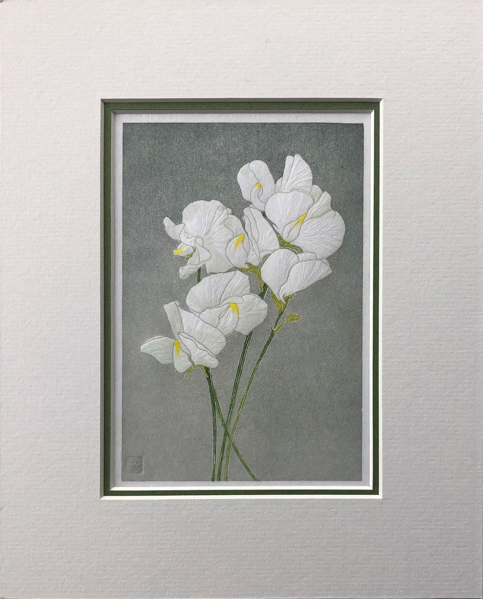 Sweetpeas linocut print mounted by Claire Cameron-Smith