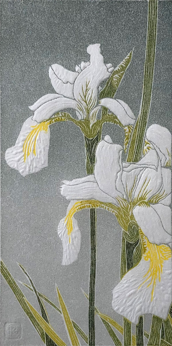 White Irises linocut print by Claire Cameron-Smith