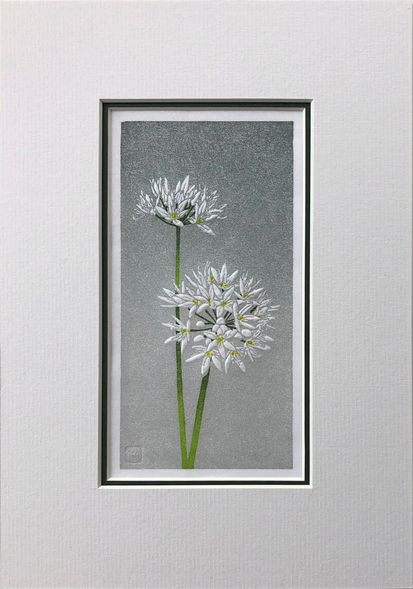Wild Garlic linocut print mounted by Claire Cameron-Smith