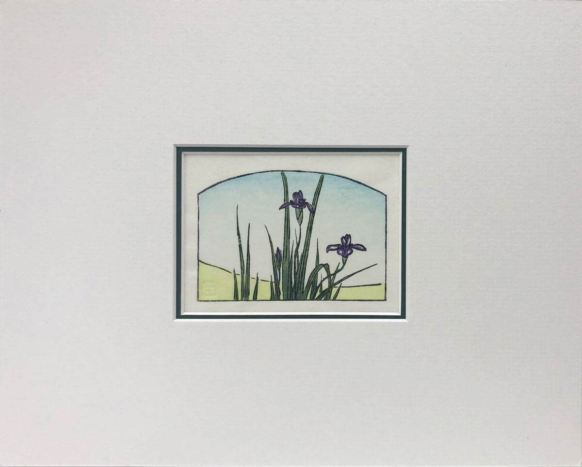 Hiroshige's Irises woodblock print mounted by Claire Cameron-Smith