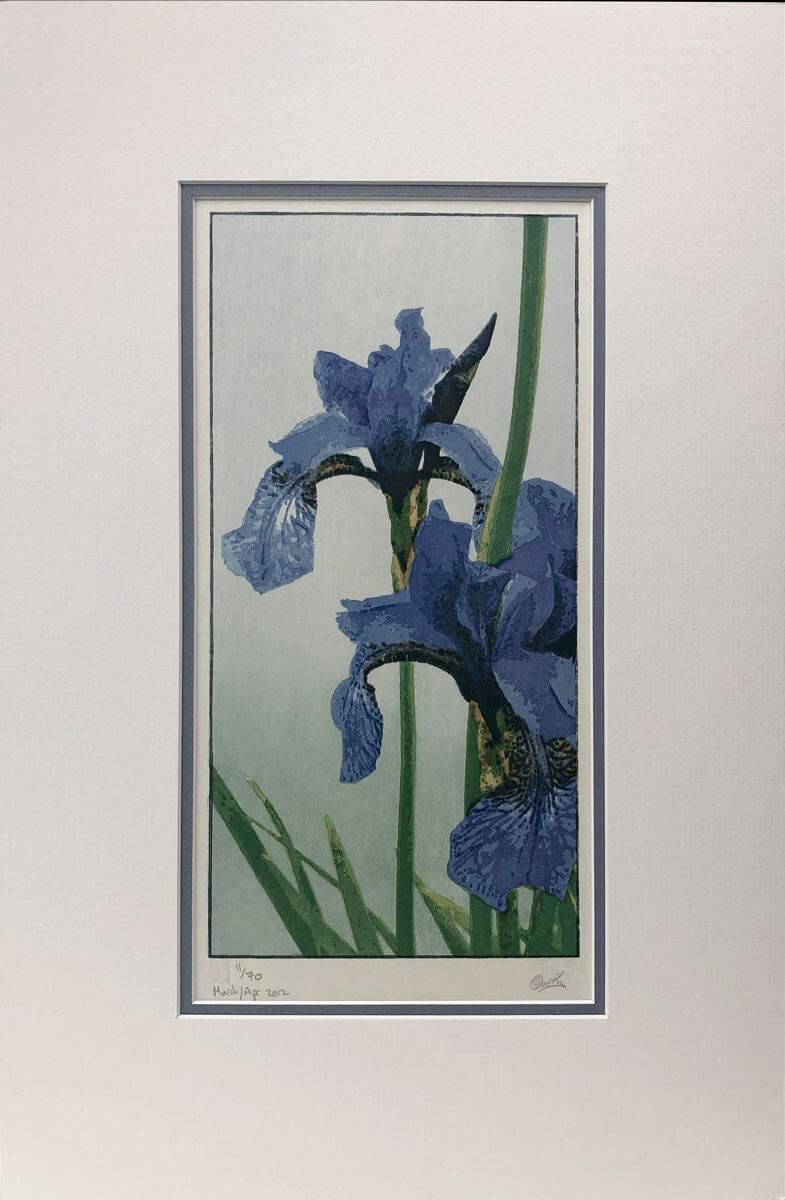 Irises limited edition woodblock print mounted by Claire Cameron-Smith