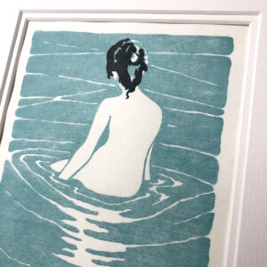 handmade woodblock print of a female nude seated in water after Ichijō Narumi