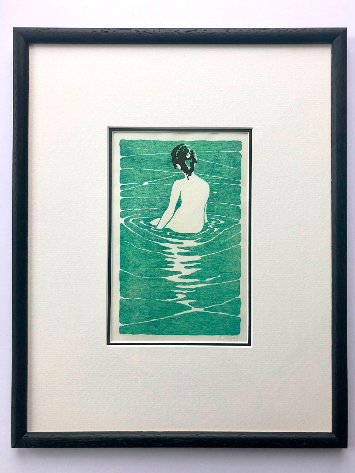 Female Nude, after Narumi woodblock print Claire Cameron-Smith, framed print, thin, black wood frame