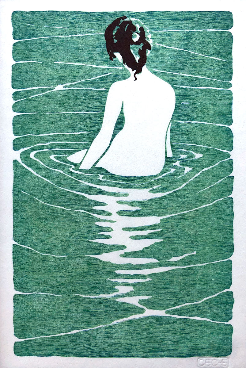 Female Nude Seated in Water special edition woodblock print by Claire Cameron-Smith