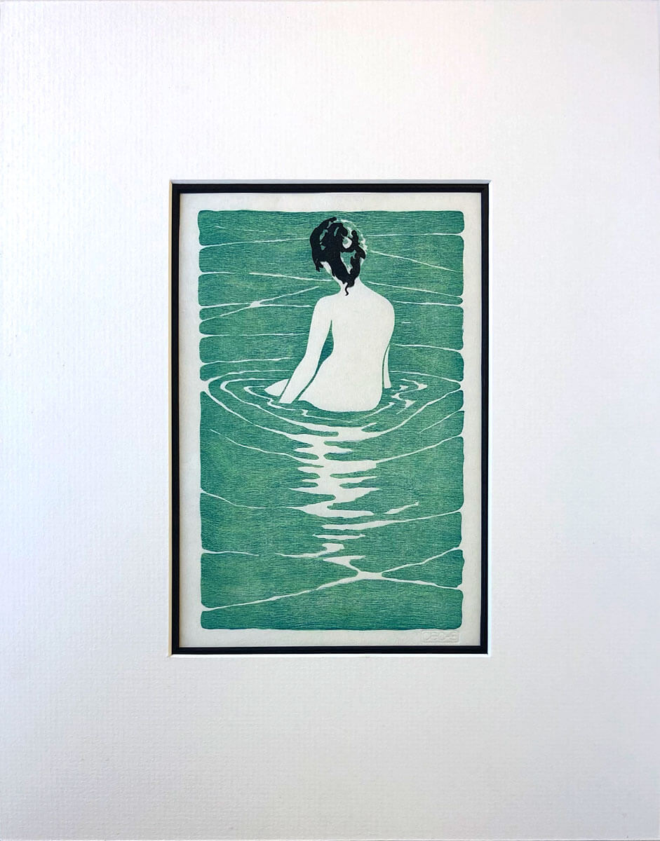Female Nude Seated in Water special edition woodblock print mounted by Claire Cameron-Smith