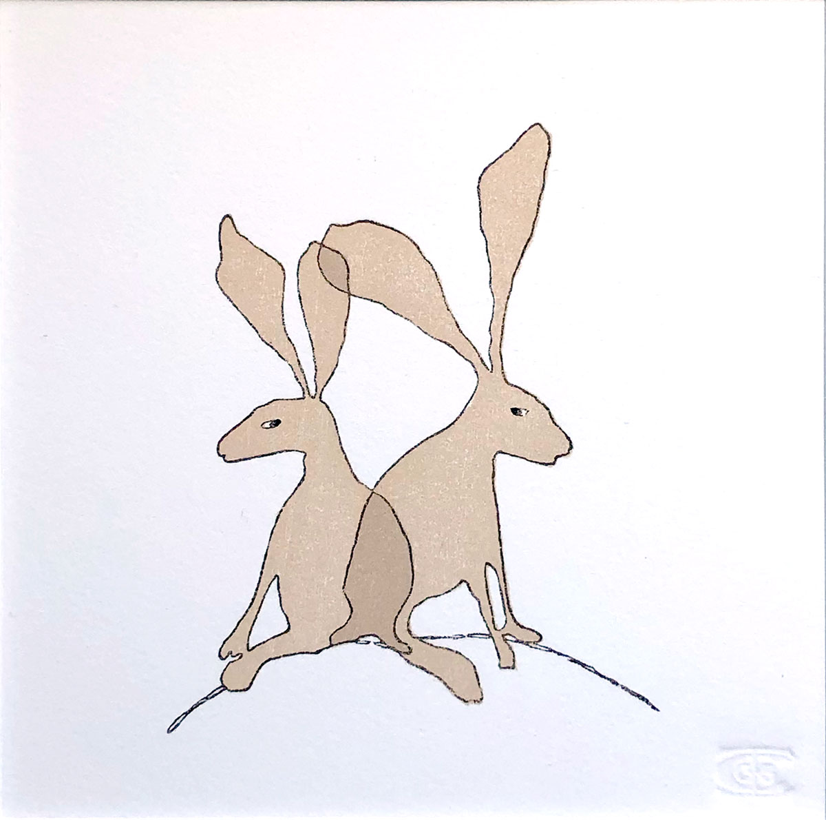Brown Hares woodblock print by Claire Cameron-Smith