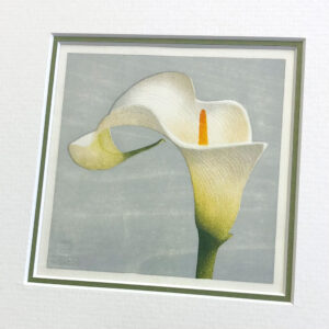 hand made woodblock print of white arum lily against a pale grey background